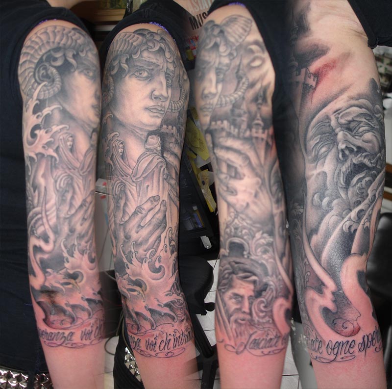 Stewart Robson Black Grey and Lettering Tattoos