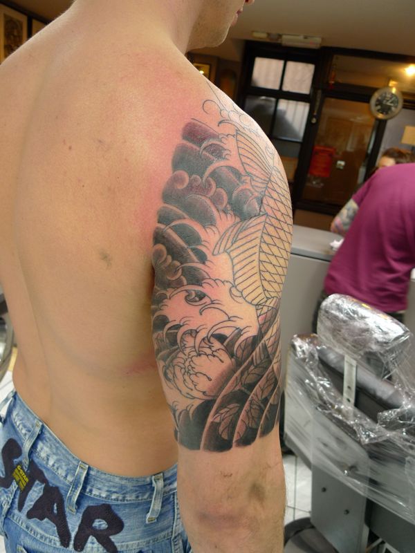 Koi Carp Peonies Half Sleeve and Chest In Progress coy carp tattoo